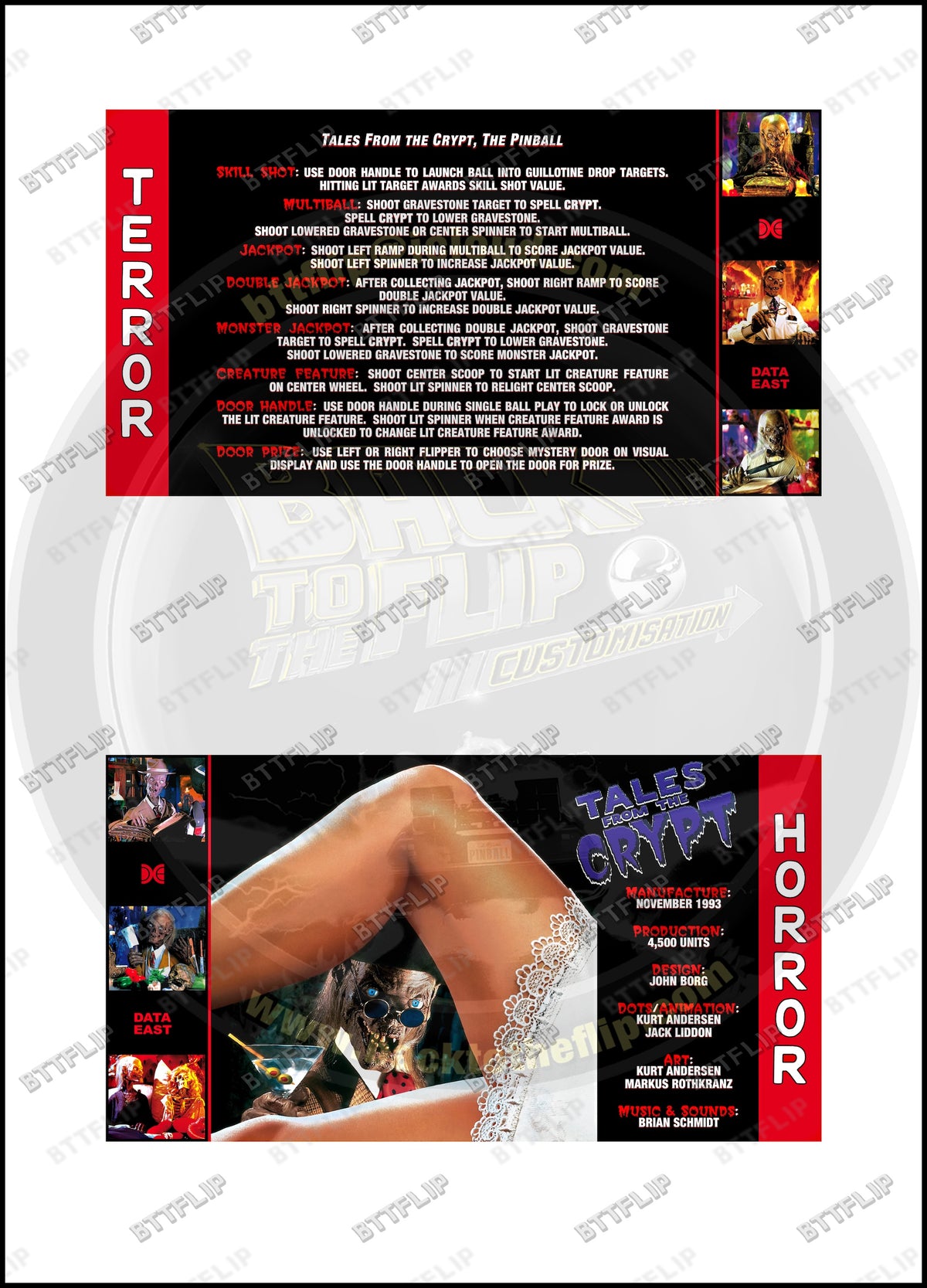 Cartes d'instructions custom apron flipper Data East Tales From The Crypt 1993 V3 (set de 2)
