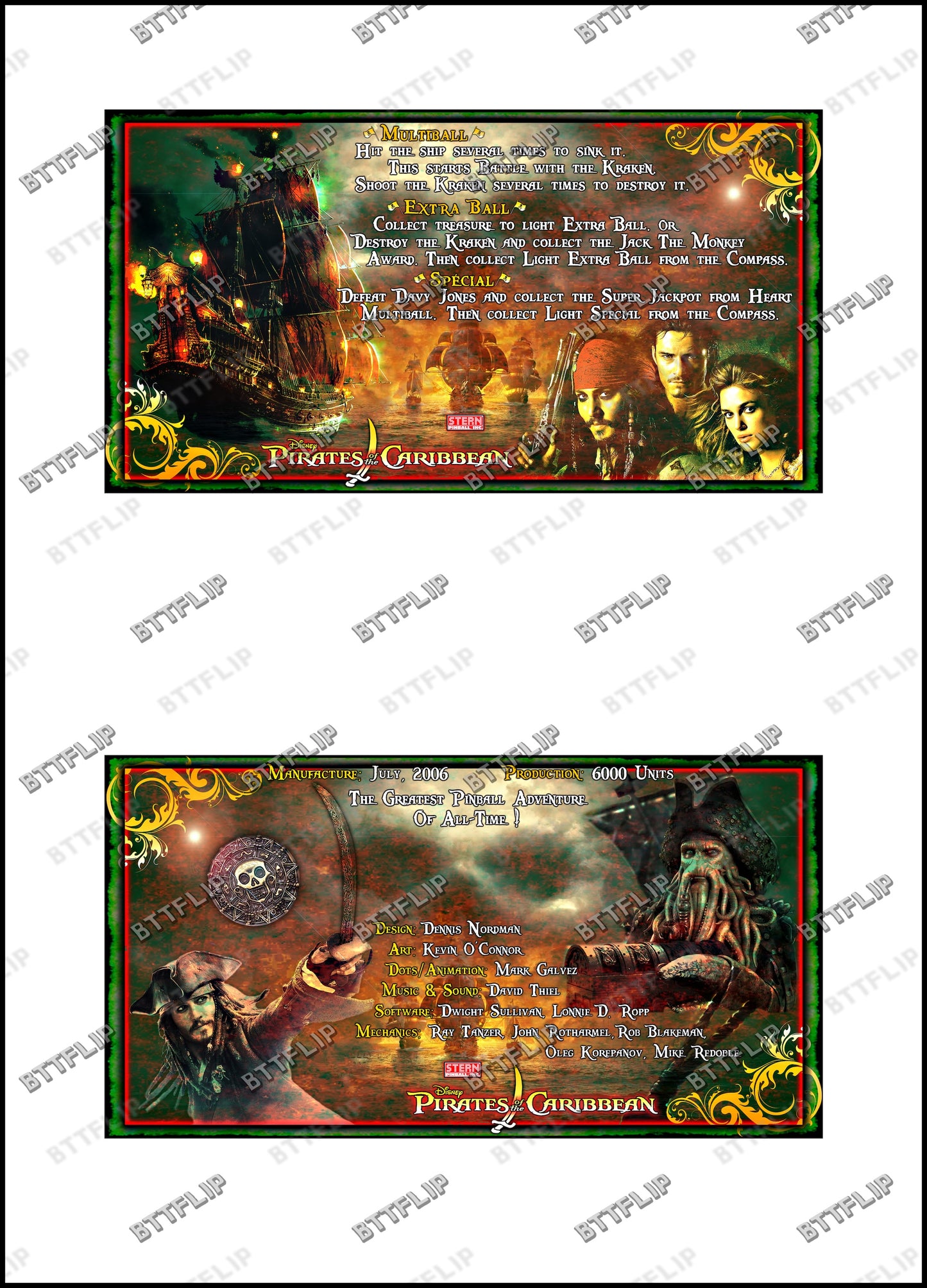 Stern Piratas del Caribe 2006 Juego de Cartas Reglas Instrucciones Flipper Custom Apron V3