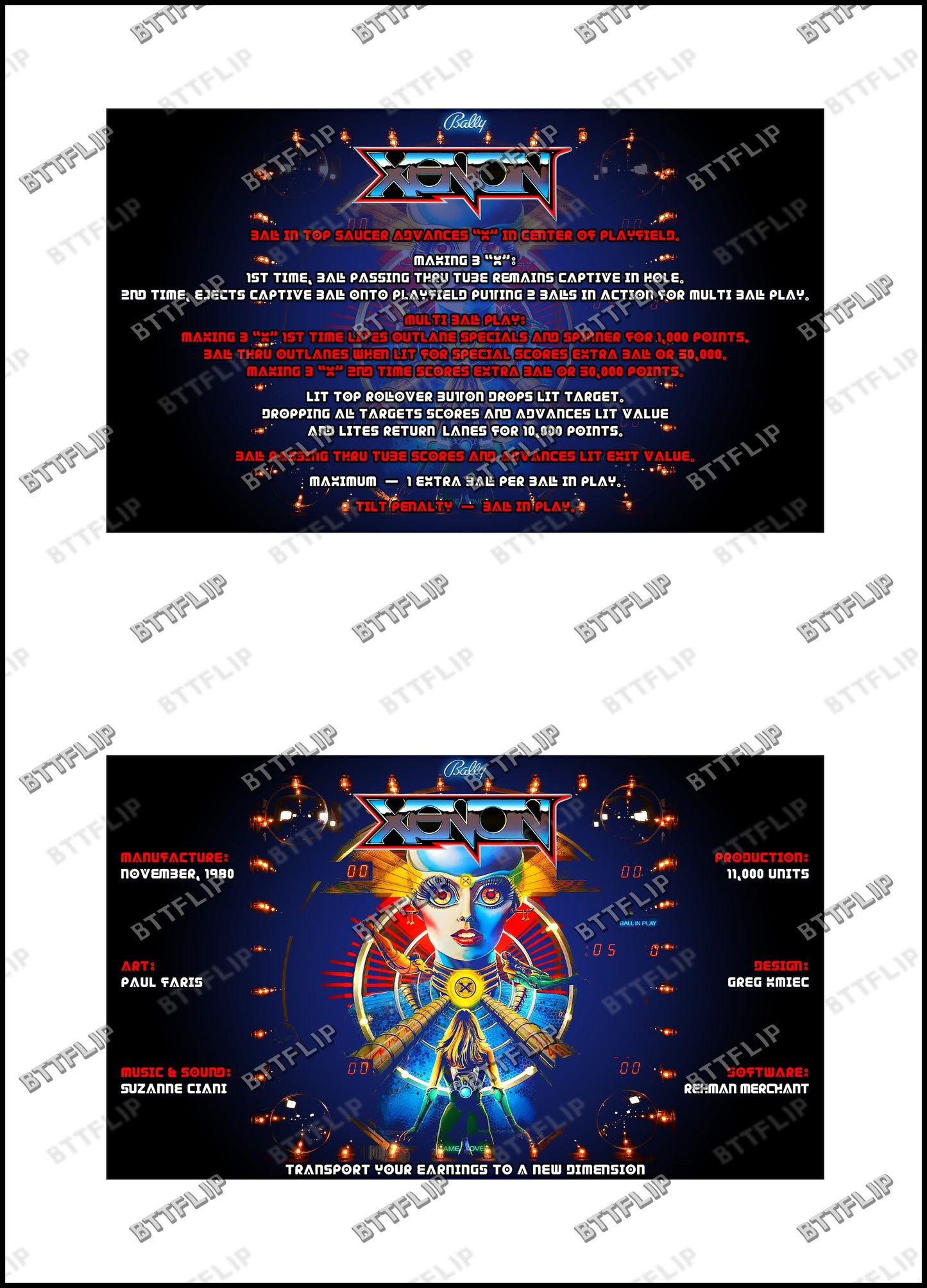 Bally XENON 1980 Juego Cartas Reglas Instrucciones Flipper Delantal Personalizado V3