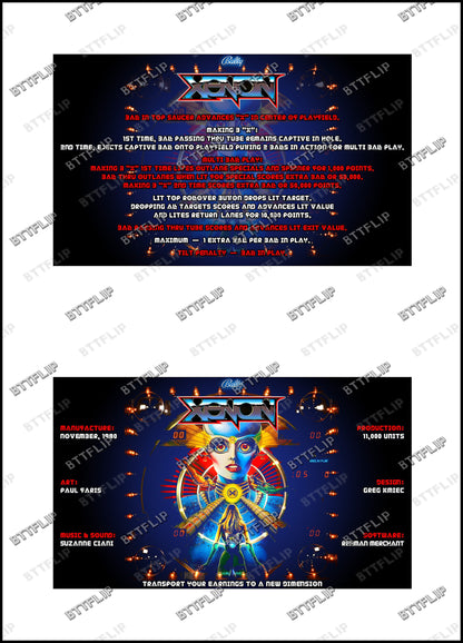 Bally XENON 1980 Juego Cartas Reglas Instrucciones Flipper Delantal Personalizado V3