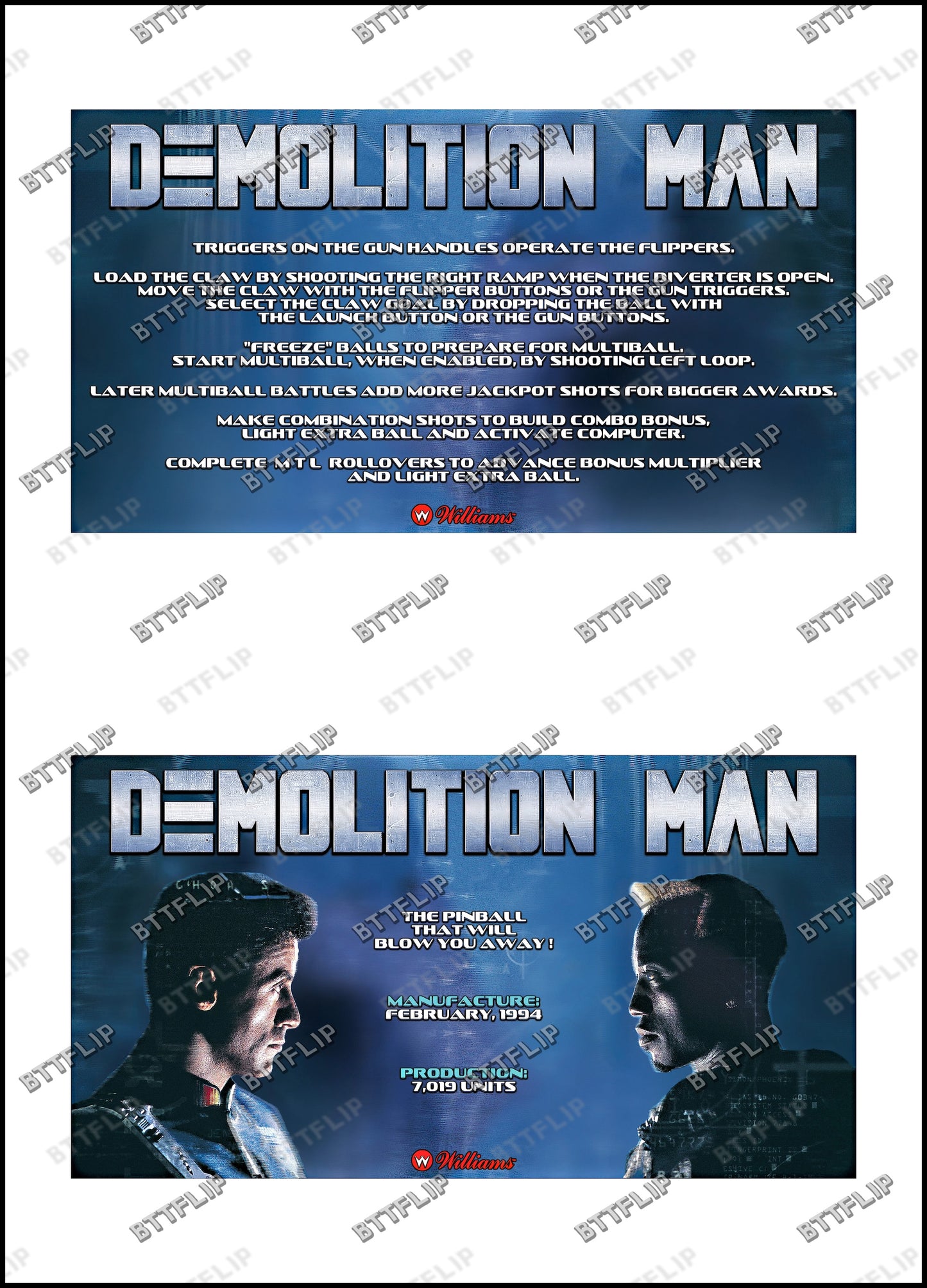 Williams Demolition Man 1994 Juego de cartas Reglas Instrucciones Pinball Delantal personalizado V3