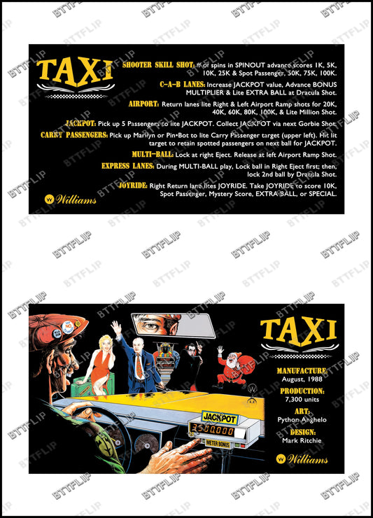 Williams Taxi 1988 Jeu Cartes règles Instructions Flipper Custom Apron V3