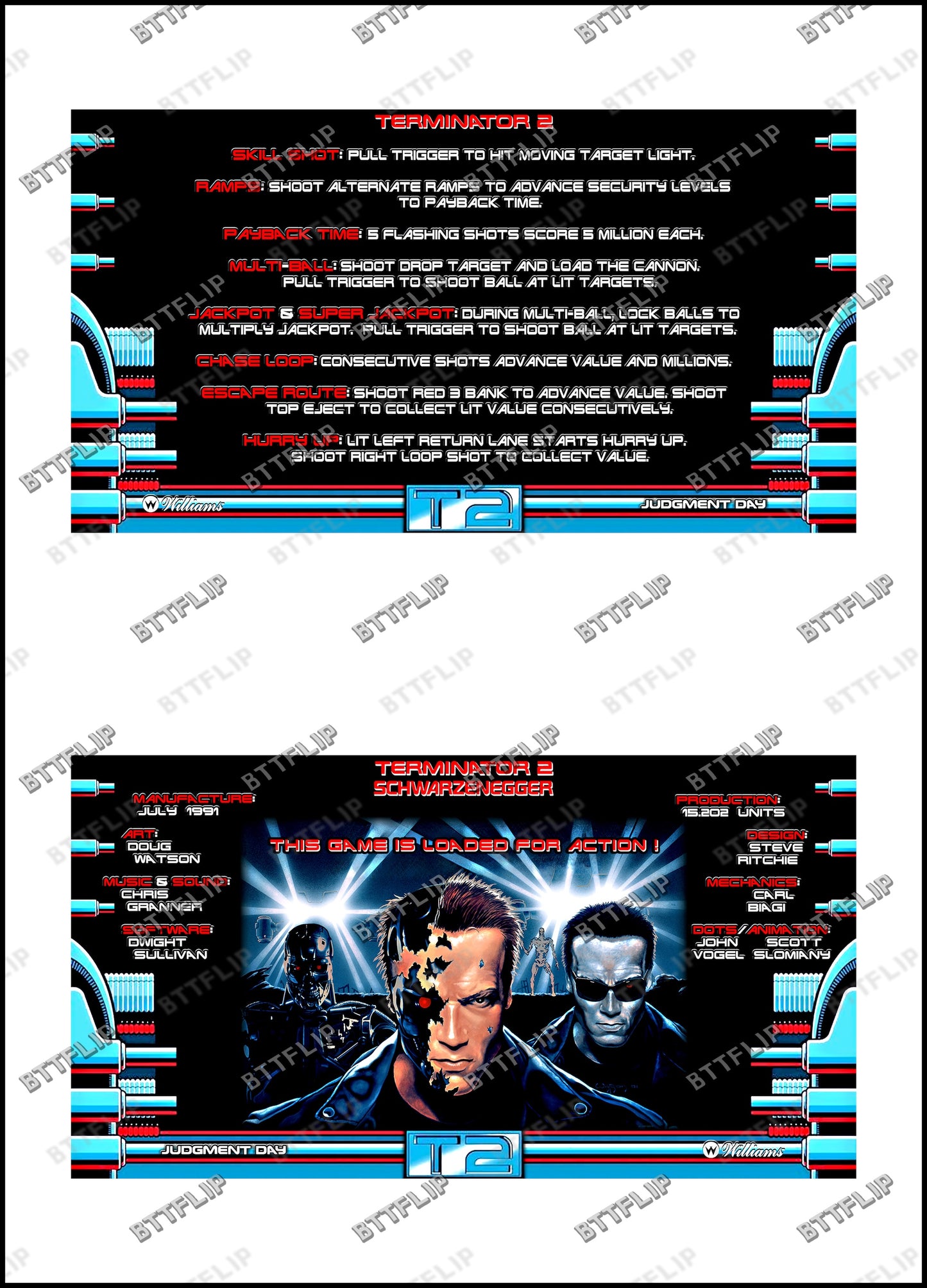 Williams T2 Terminator 2 1991 Juego Cartas reglas Instrucciones Pinball Custom Apron V3