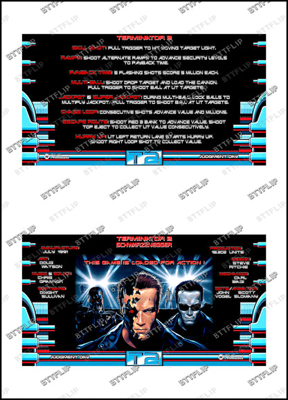 Williams T2 Terminator 2 1991 Juego Cartas reglas Instrucciones Pinball Custom Apron V3