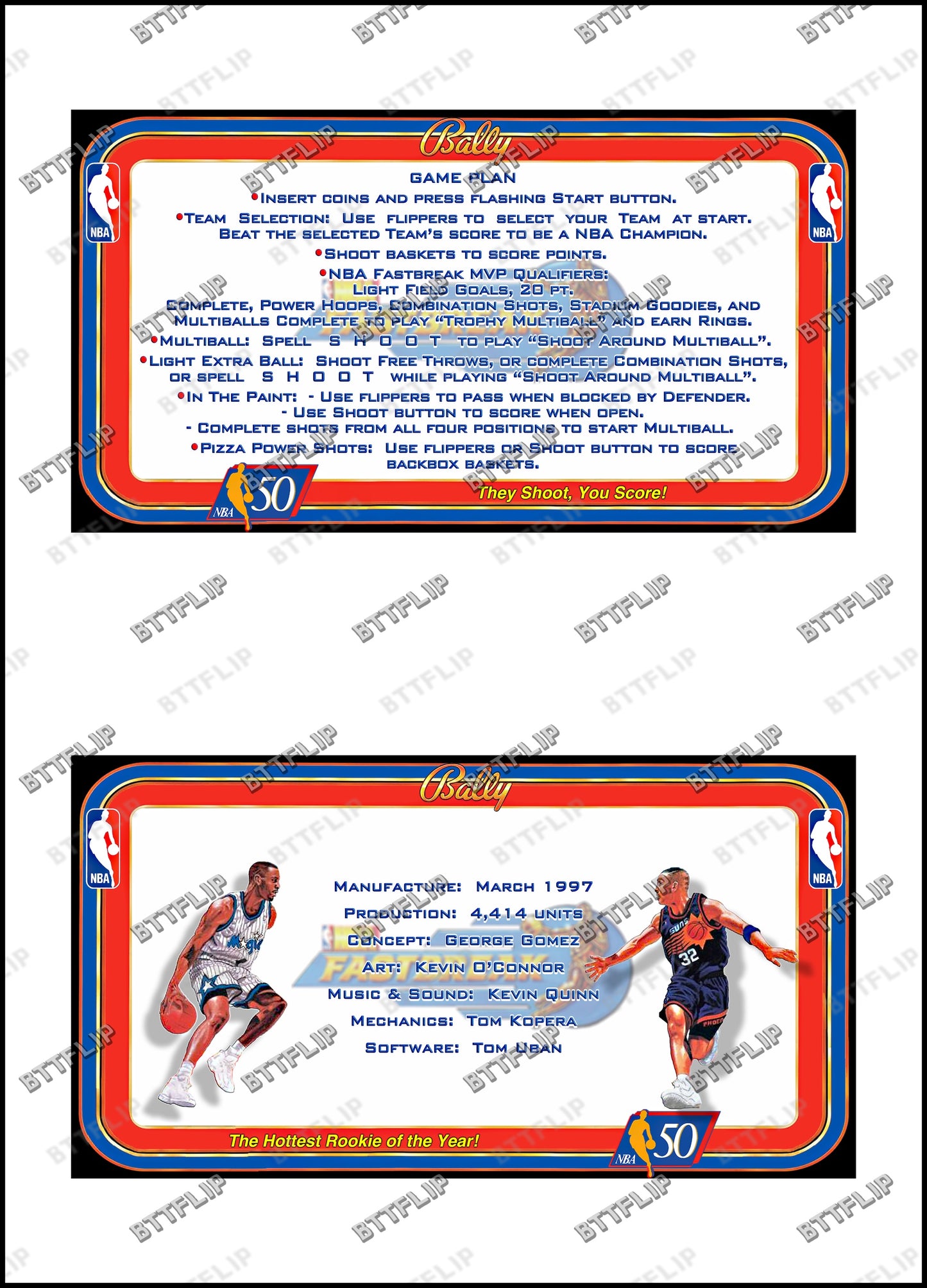 Bally NBA FASTBREAK 1997 Juego Tarjetas Reglas Instrucciones Pinball Custom Apron V4
