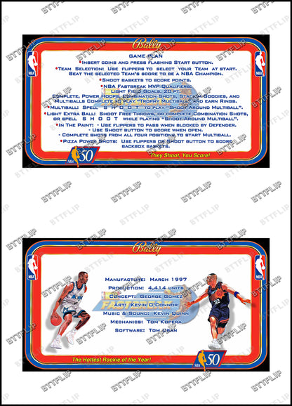 Bally NBA FASTBREAK 1997 Juego Tarjetas Reglas Instrucciones Pinball Custom Apron V4