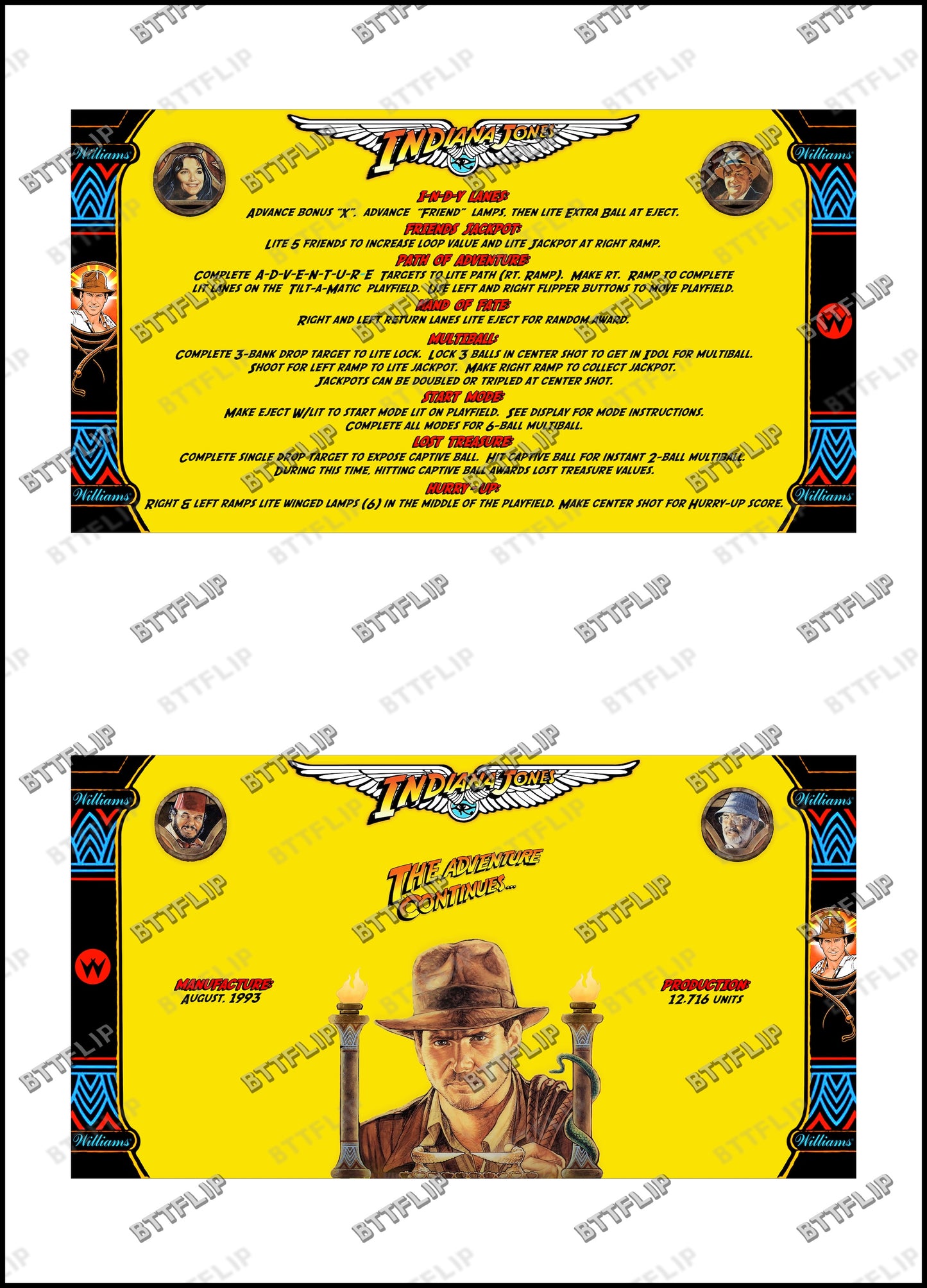 Williams Indiana Jones 1993 Juego de cartas reglas instrucciones Flipper Custom Apron V4