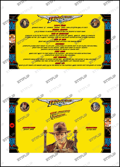 Williams Indiana Jones 1993 Juego de cartas reglas instrucciones Flipper Custom Apron V4