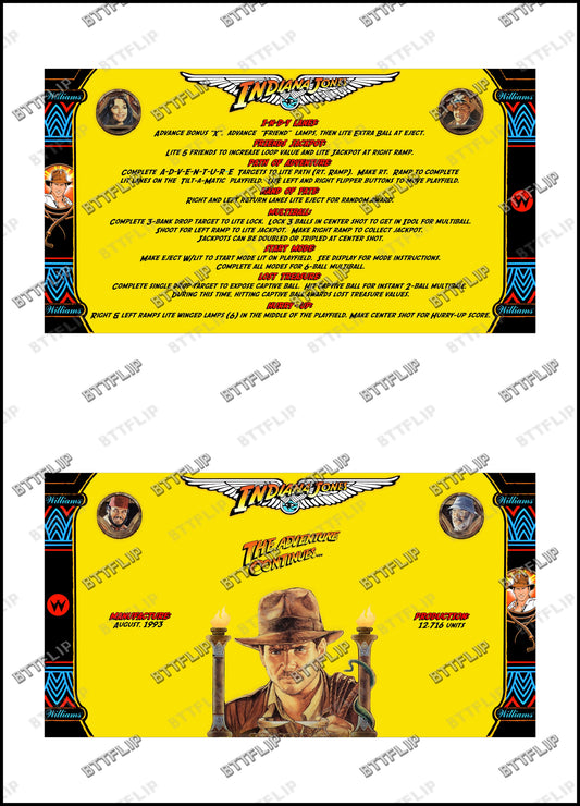 Williams Indiana Jones 1993  Jeu Cartes règles Instructions Flipper Custom Apron V4