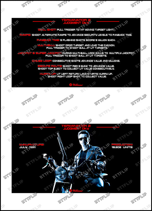 Williams T2 Terminator 2 1991 Pinball Rules Instructions Custom Apron V4