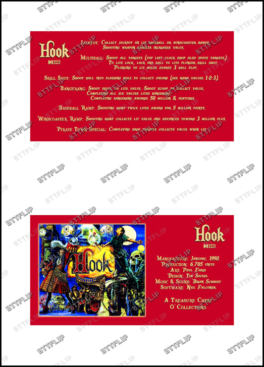 Data East Hook 1992 Juego Cartas reglas Instrucciones Pinball Custom Delantal V5