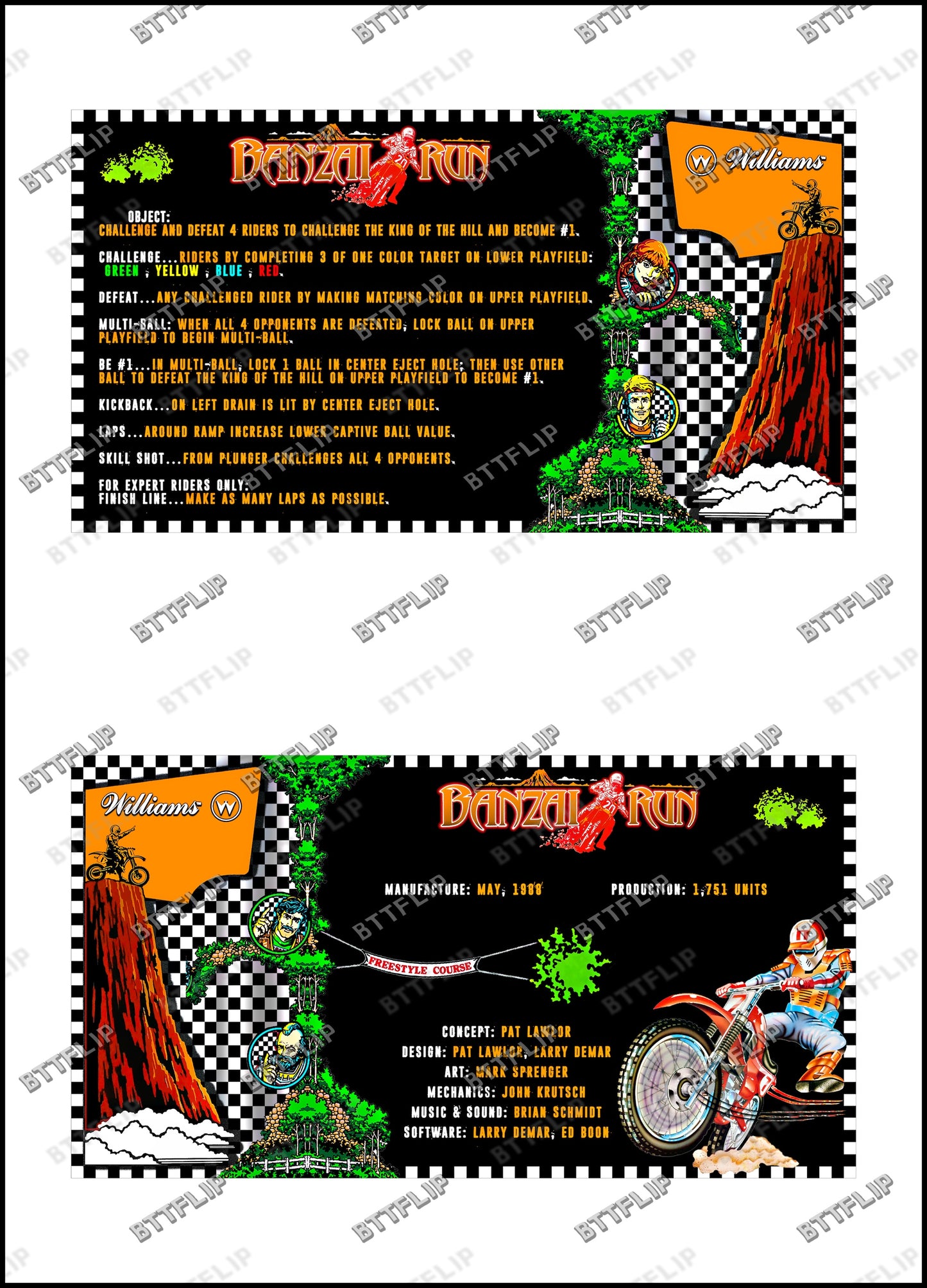 Williams Banzai Run 1988 Juego Tarjetas Reglas Instrucciones Pinball Delantal Personalizado
