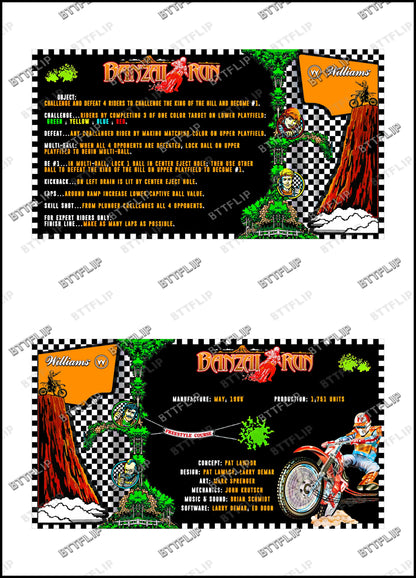Williams Banzai Run 1988 Juego Tarjetas Reglas Instrucciones Pinball Delantal Personalizado