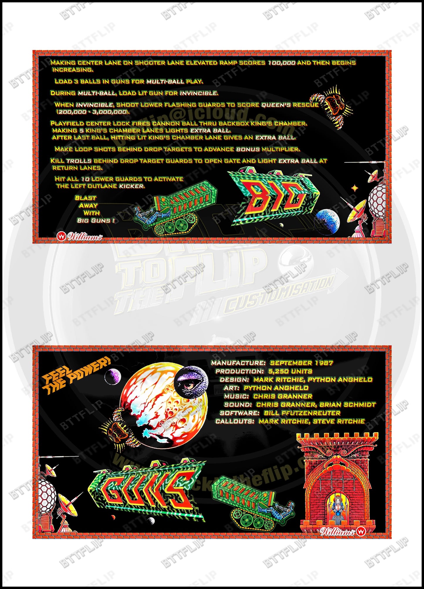 Cartes d'instructions custom apron flipper Williams Big Guns 1987 (set de 2)