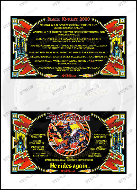 Tarjetas de instrucciones del delantal abatible personalizado Williams 1989 Black Knight 2000 (juego de 2)