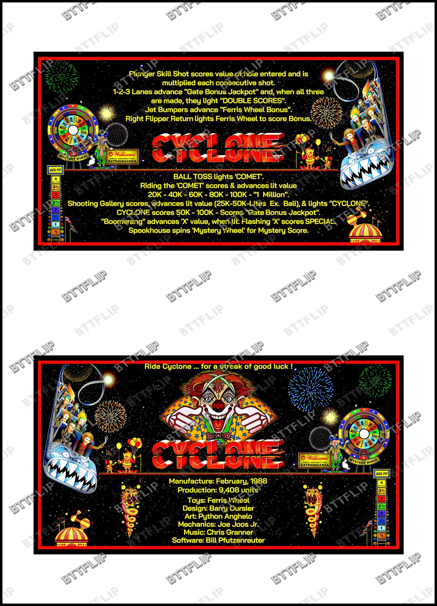 Williams Cyclone 1988 Juego de cartas Reglas Instrucciones Pinball Delantal personalizado