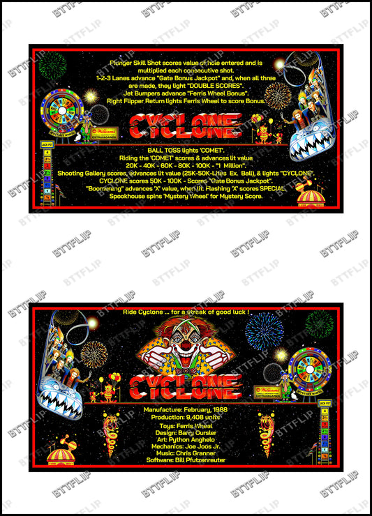 Williams Cyclone 1988 Jeu Cartes règles Instructions Flipper Custom Apron