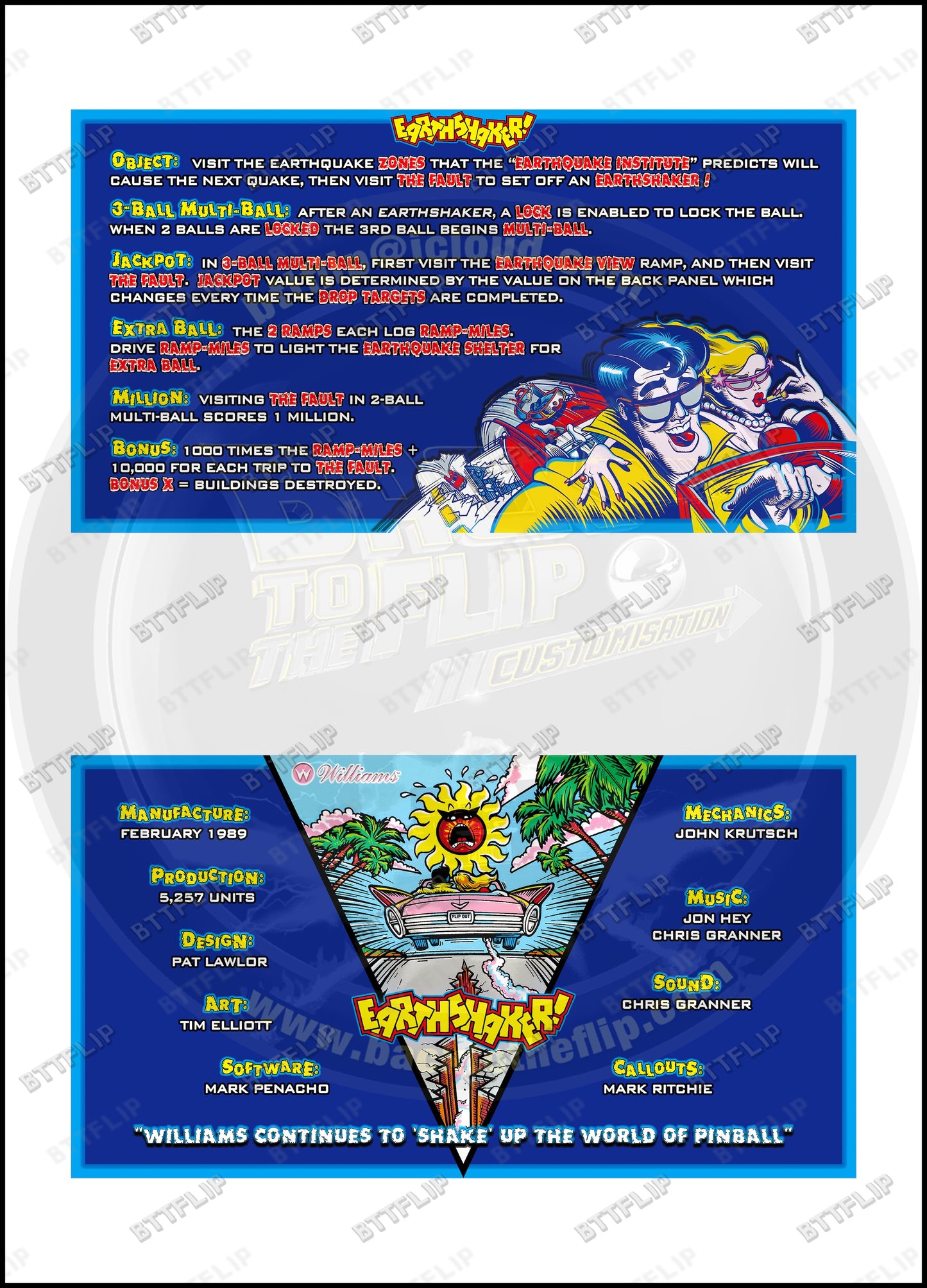 Cartes d'instructions custom apron flipper Williams Earthshaker 1989 (set de 2)