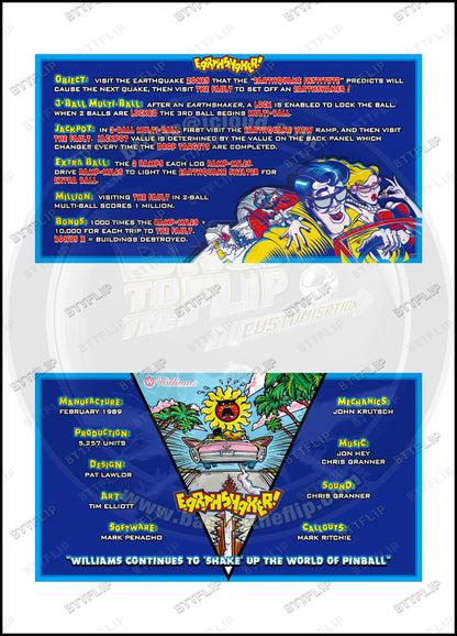 Cartes d'instructions custom apron flipper Williams Earthshaker 1989 (set de 2)