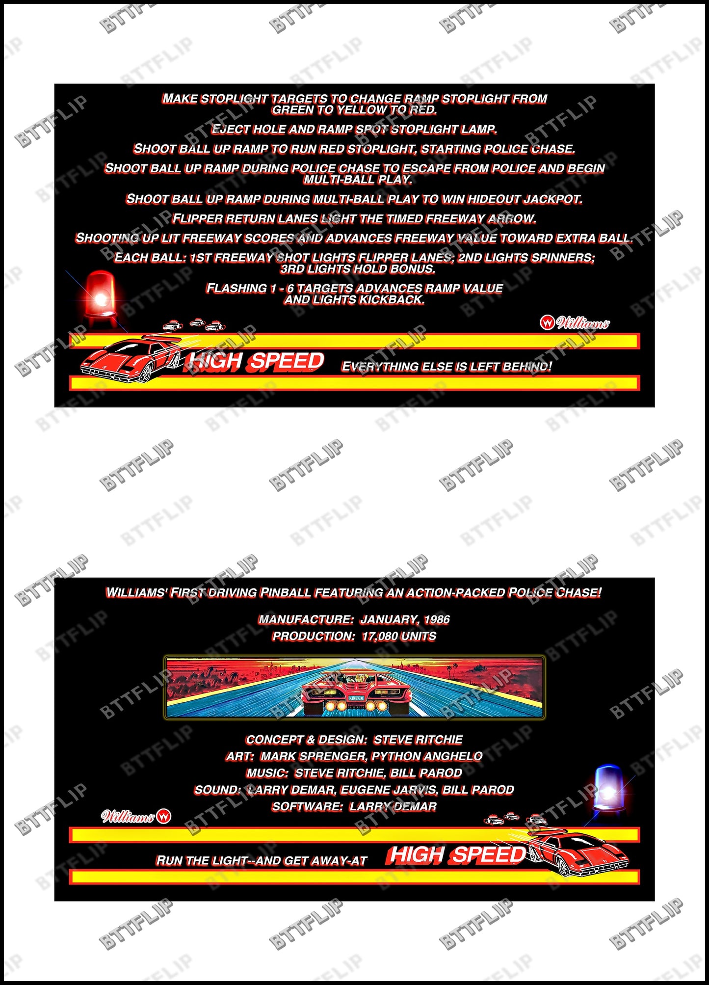 Williams HIGH SPEED 1986 Card Game Rules Instructions Pinball Custom Apron