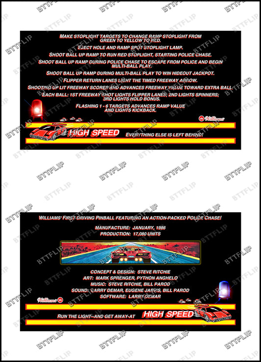 Williams HIGH SPEED 1986 Jeu Cartes règles Instructions Flipper Custom Apron