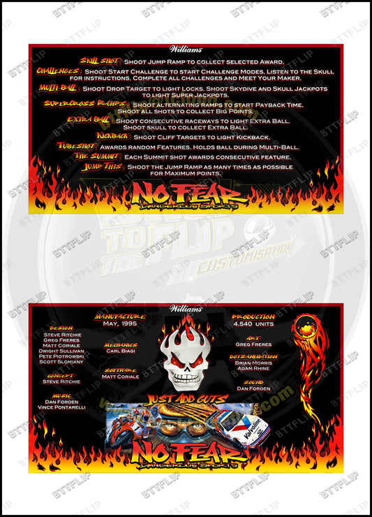 Cartes d'instructions custom apron flipper Williams No Fear Dangerous Sports 1995 (set de 2)