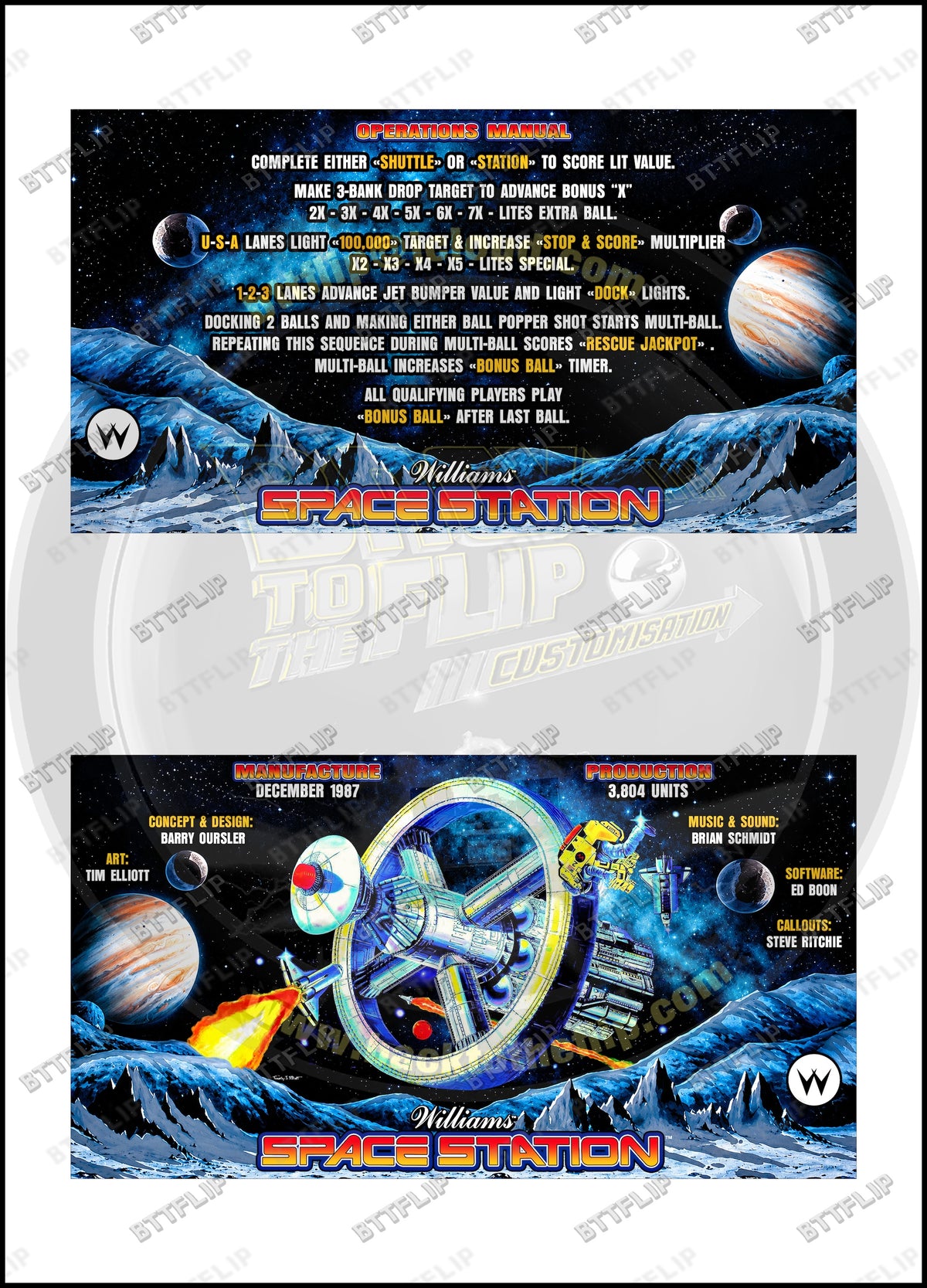 Cartes d'instructions custom apron flipper Williams Space Station 1987 (set de 2)