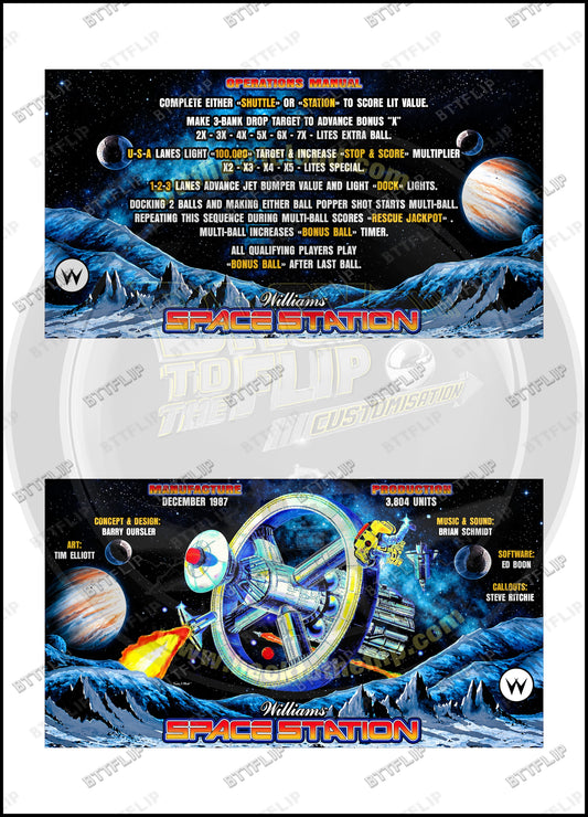Tarjetas de instrucciones para el delantal (apron) del pinball Williams Space Station 1987 (juego de 2)