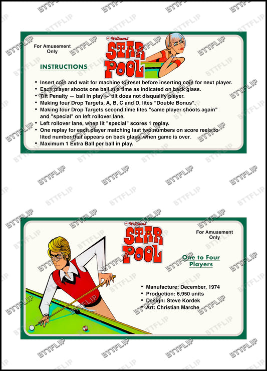 Williams Star Pool 1974 Jeu Cartes règles Instructions Flipper Custom Apron