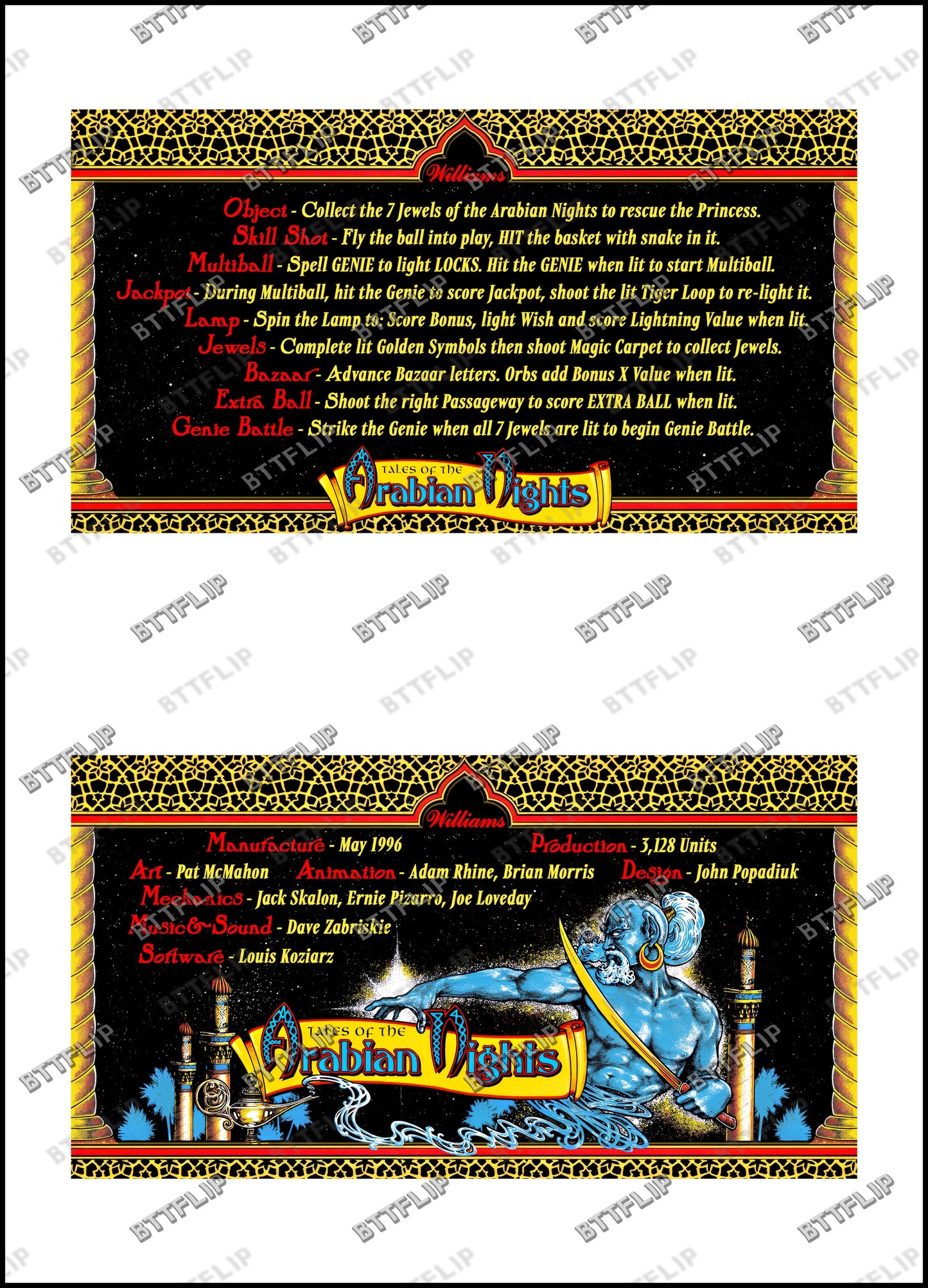 Instrucciones de las tarjetas del juego Williams Tales Of The Arabian Nights 1996, reglas impresas del delantal personalizado de pinball