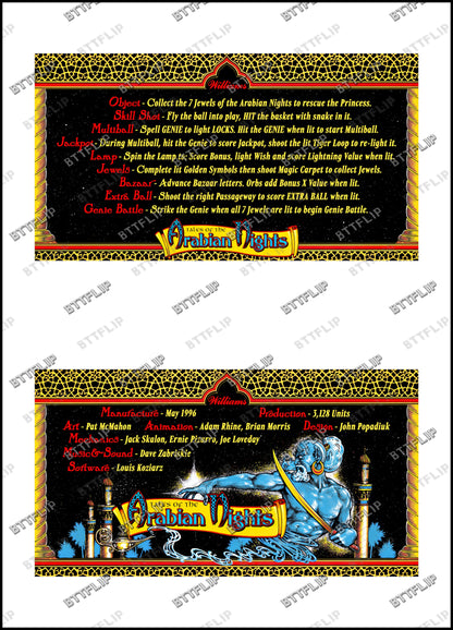 Instrucciones de las tarjetas del juego Williams Tales Of The Arabian Nights 1996, reglas impresas del delantal personalizado de pinball