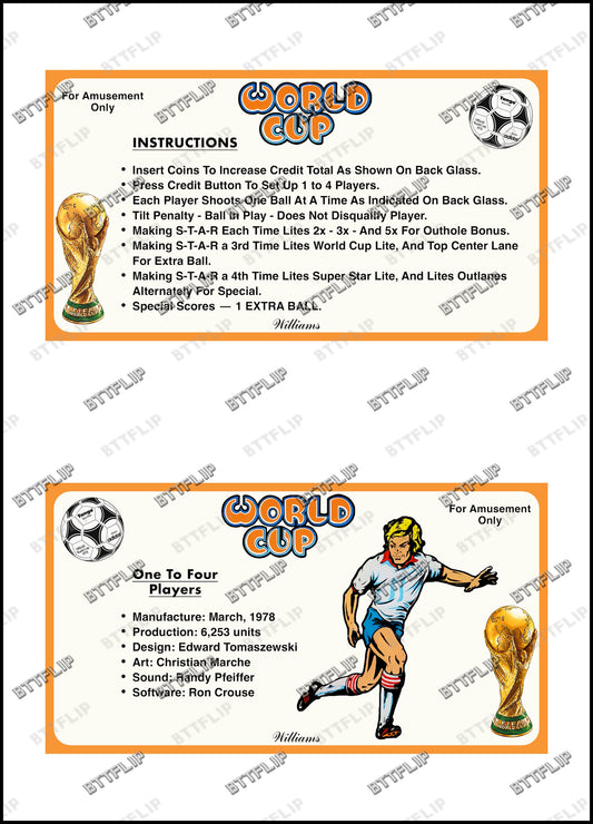 Williams World Cup 1978 Jeu Cartes règles Instructions Flipper Custom Apron