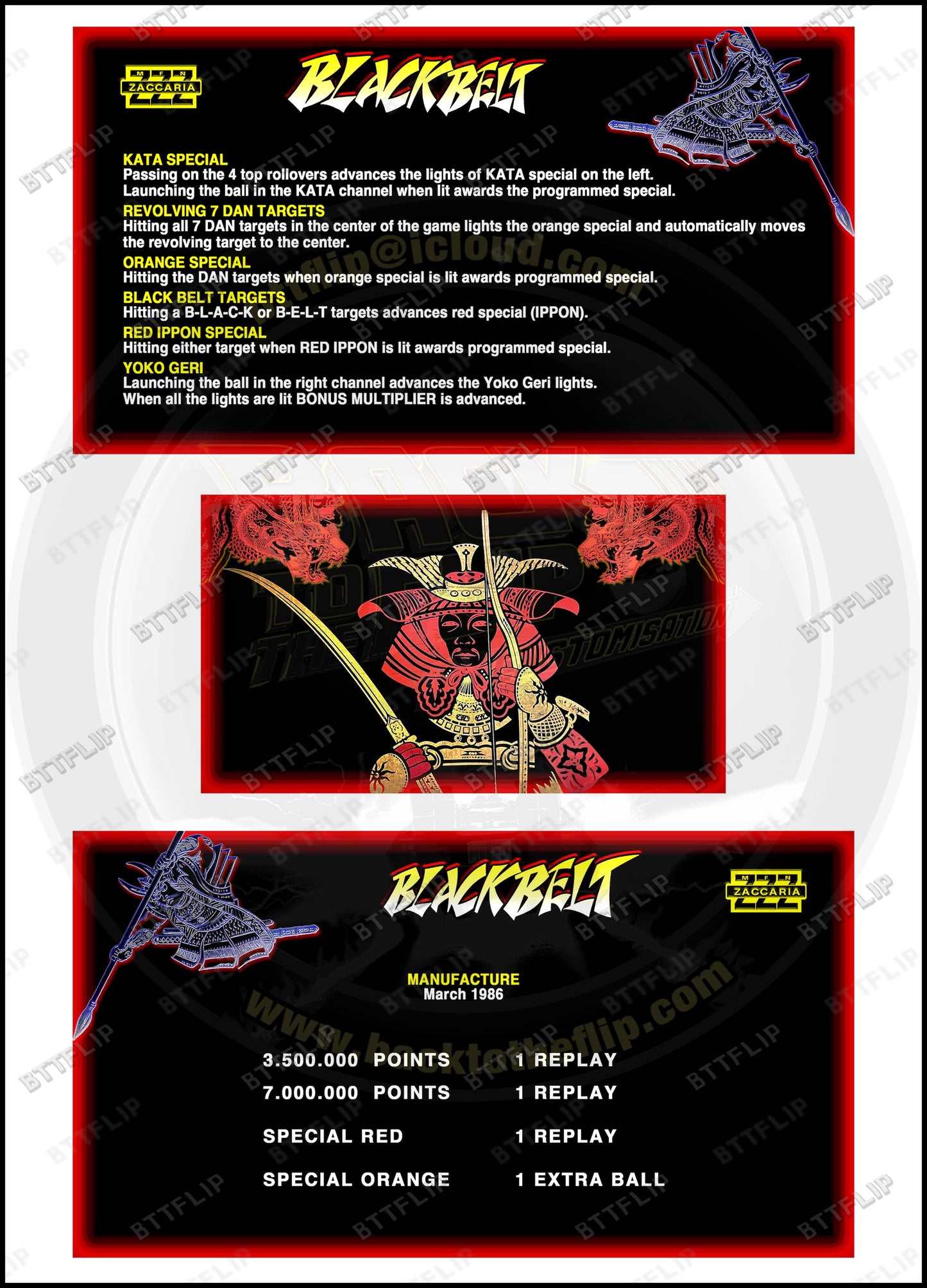 Custom instruction cards apron flipper Zaccaria Blackbelt 1986 (set of 3)