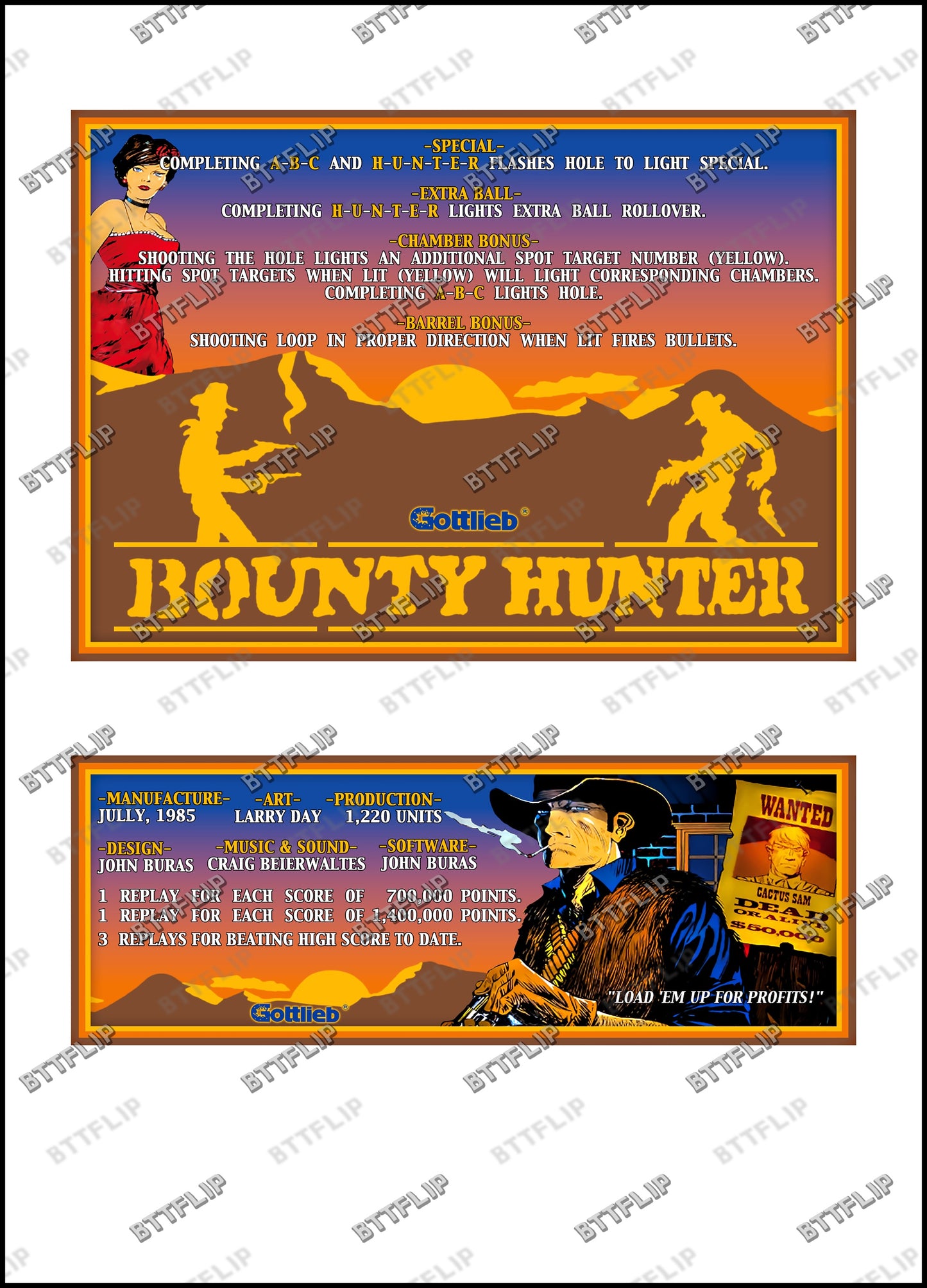 Gottlieb BOUNTY HUNTER 1985 Game Cards Instructions Pinball Custom Apron printed rules
