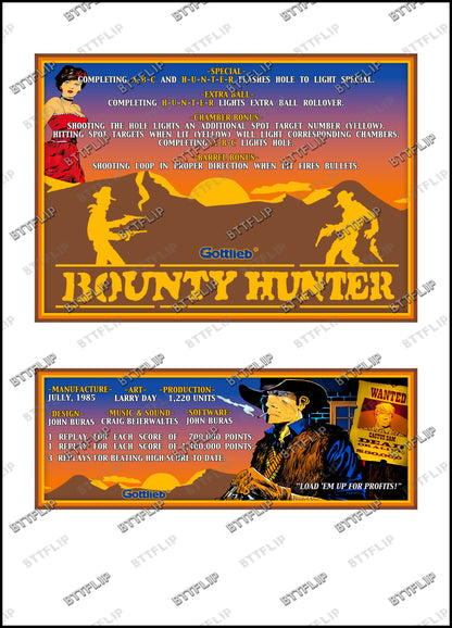 Gottlieb BOUNTY HUNTER 1985 Game Cards Instructions Pinball Custom Apron printed rules