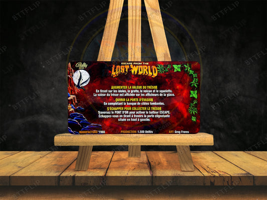 Bally Escape From The Lost World 1988 Jeu Cartes règles Instructions Flipper Custom Apron