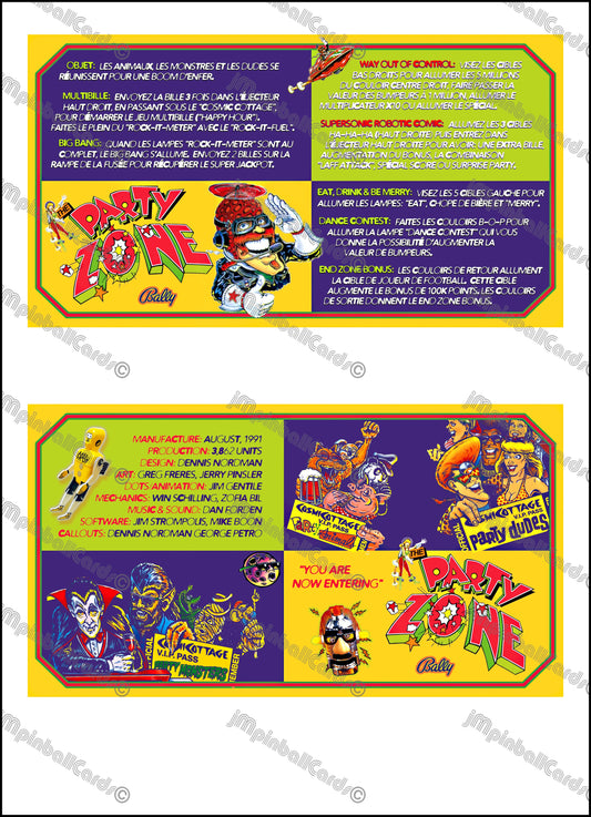 Bally Party Zone 1991 Jeu Cartes Instructions Flipper Custom Apron règles imprimées V1