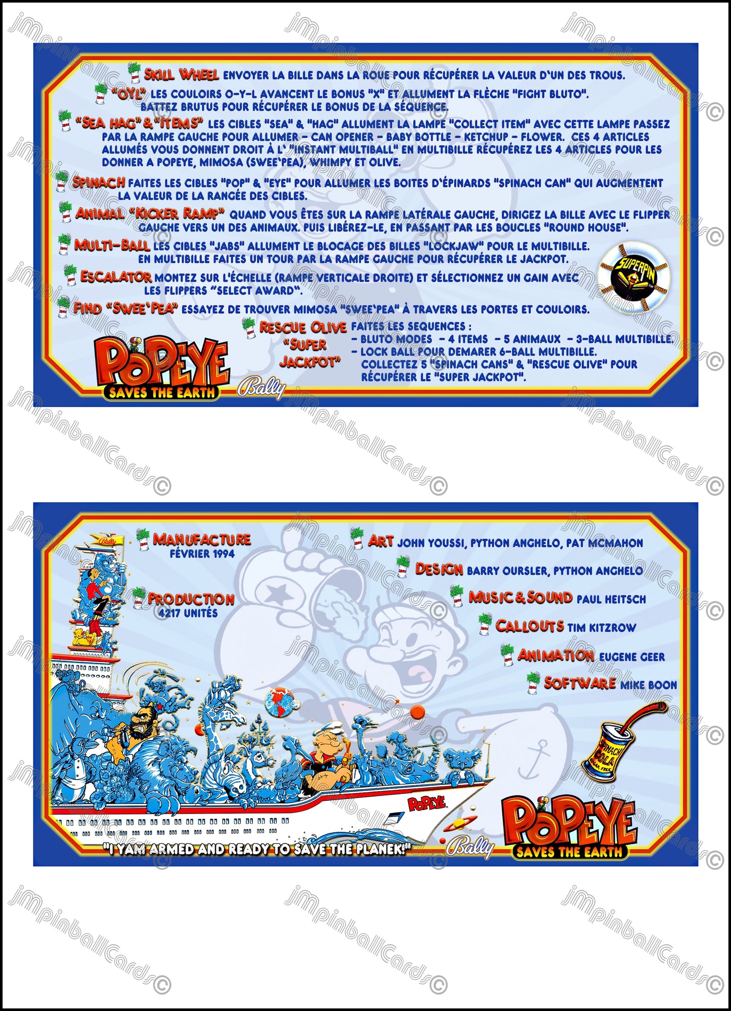 Instrucciones de las tarjetas del juego Bally Popeye 1994, delantal personalizado de pinball, reglas impresas