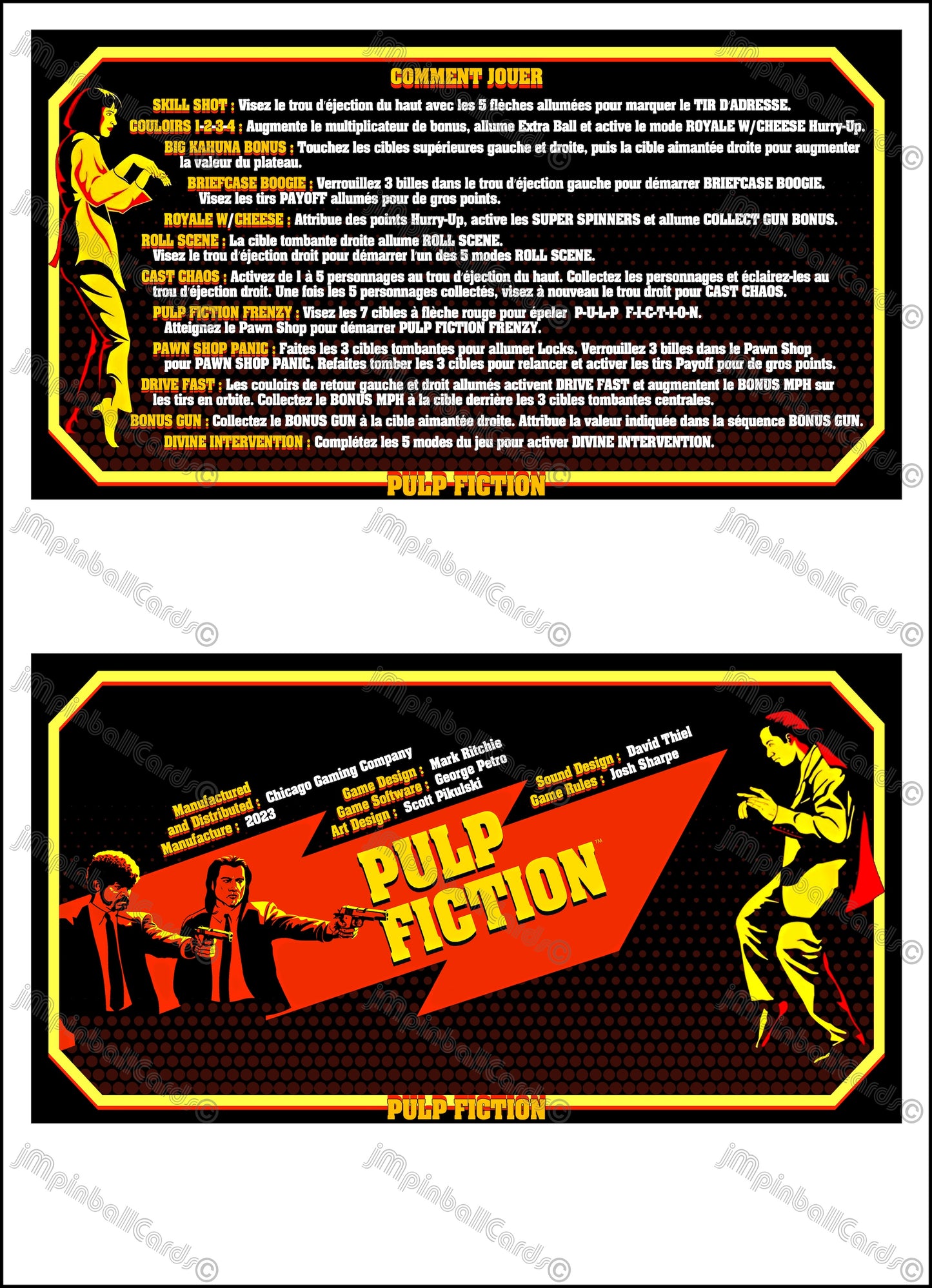 Juego de cartas e instrucciones de Chicago Gaming Pulp Fiction 2023, juego de pinball impreso, juego de delantales de pinball personalizados V1