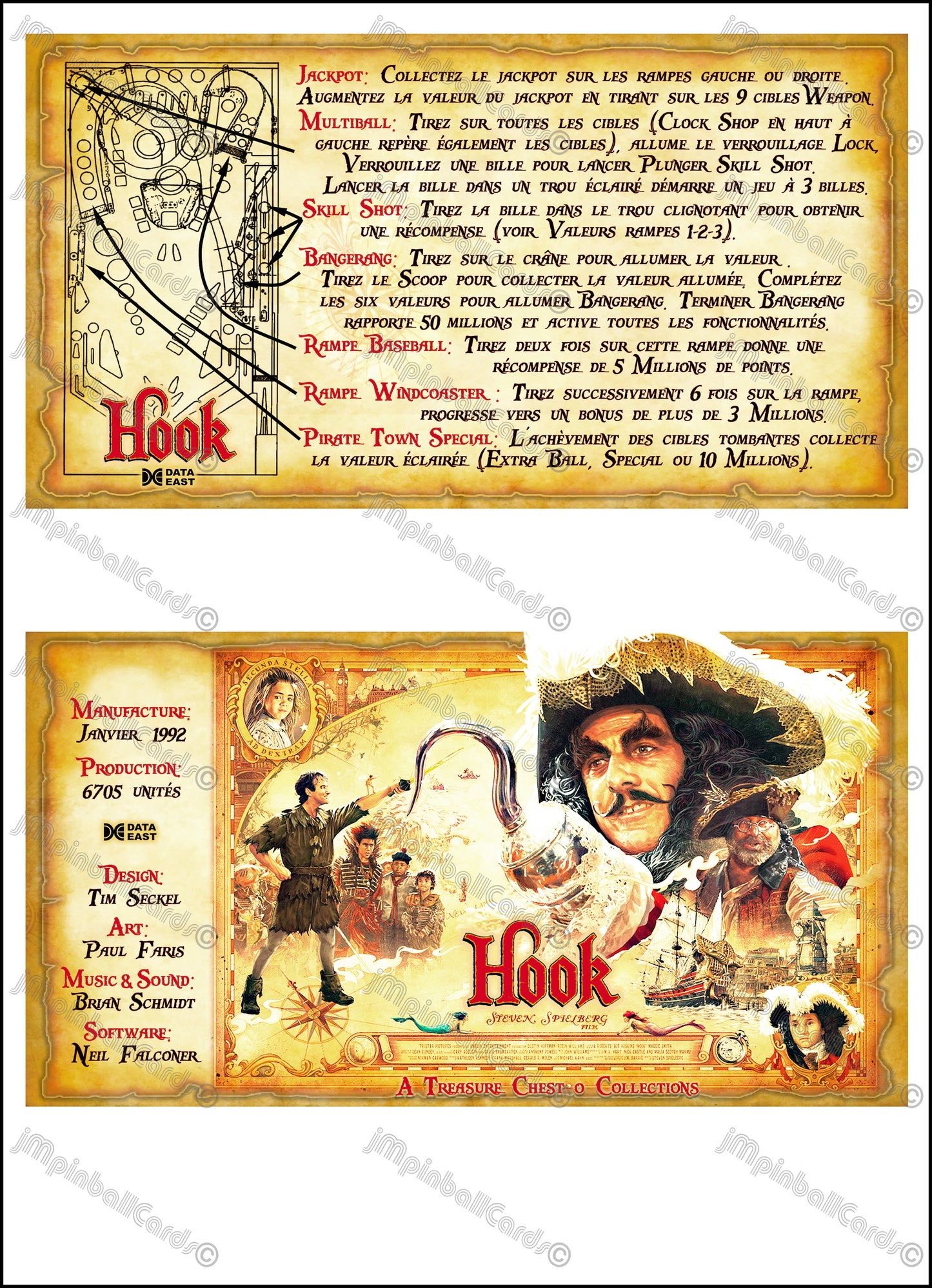 Data East Hook 1992 Game Cards Instructions Pinball Custom Apron Printed Rules V1