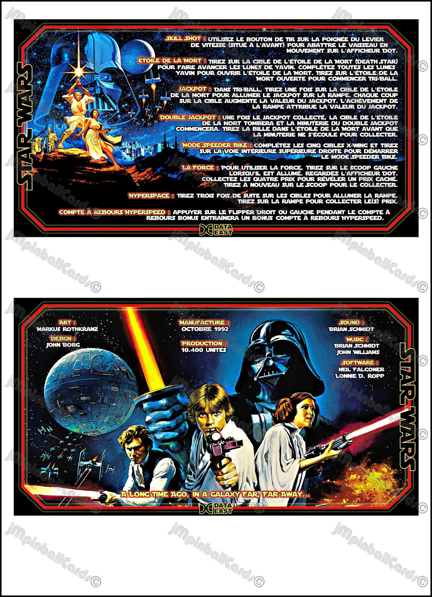Data East Star Wars 1992 Jeu Cartes Instructions Flipper Custom Apron règles imprimées V1