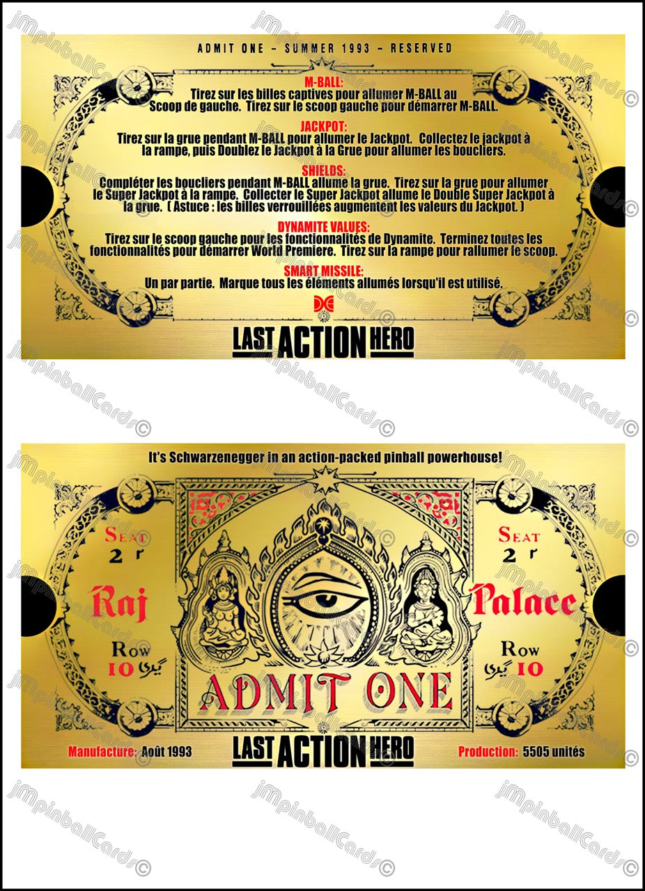 Instrucciones de las tarjetas del juego Data East Last Action Hero 1993 Pinball Versión 1 Golden Ticket - Tarjetas de pinball personalizadas con impresión personalizada