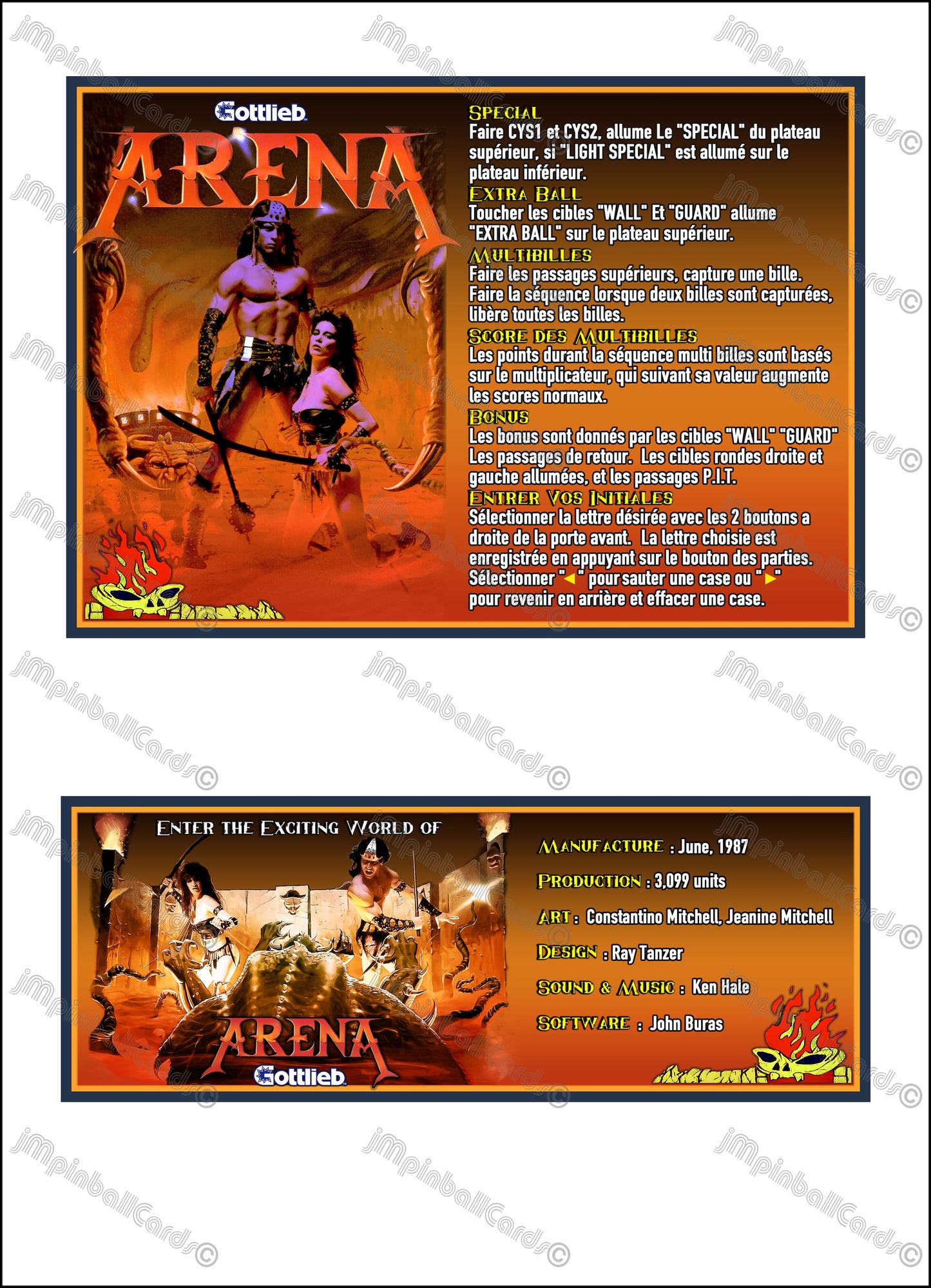Instrucciones de las tarjetas del juego Gottlieb Arena 1987 Pinball V1 Tarjetas de delantal de pinball con impresión personalizada