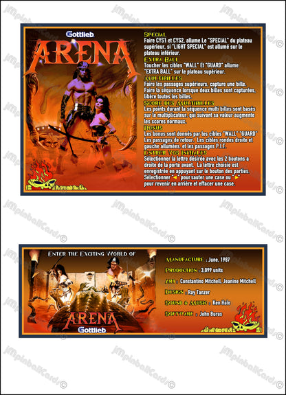 Instrucciones de las tarjetas del juego Gottlieb Arena 1987, delantal personalizado de pinball, reglas impresas V1