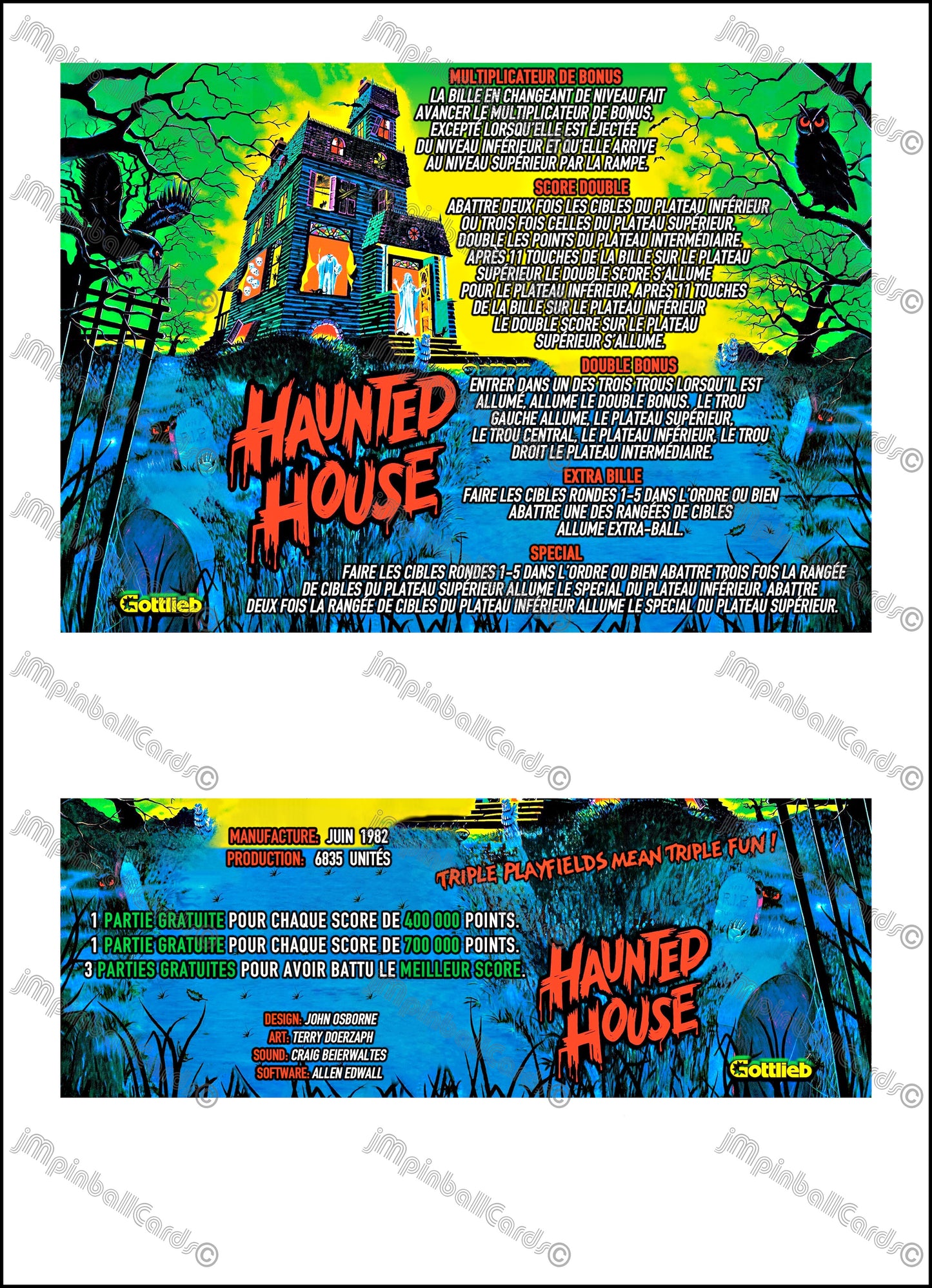 Instrucciones de las tarjetas del juego Gottlieb Haunted House 1982, versión 1 de pinball, tarjetas de delantal de pinball con impresión personalizada