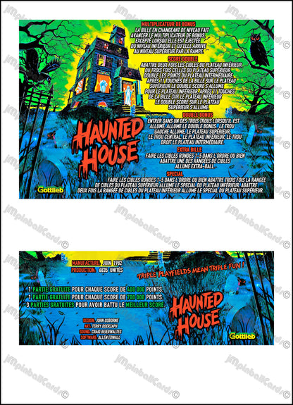 Instrucciones de las tarjetas del juego Gottlieb Haunted House 1982, delantal personalizado de pinball, reglas impresas V1