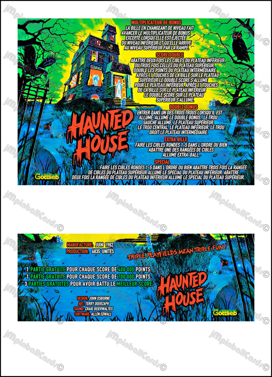 Gottlieb Haunted House 1982 Jeu Cartes Instructions Flipper Custom Apron règles imprimées V1