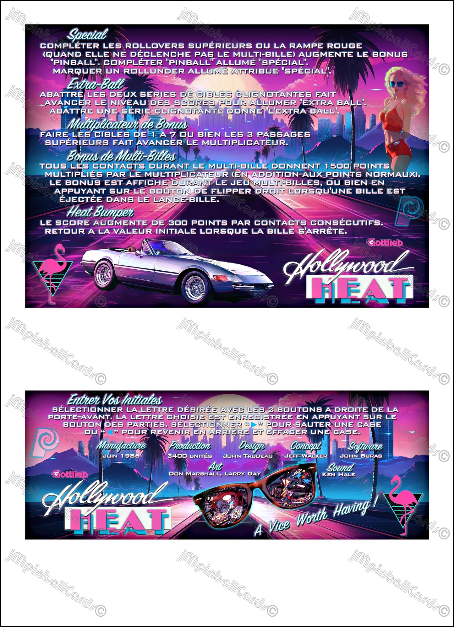 Instrucciones de las tarjetas del juego Gottlieb Hollywood Heat 1986 Pinball V1 Tarjetas de delantal de pinball con impresión personalizada