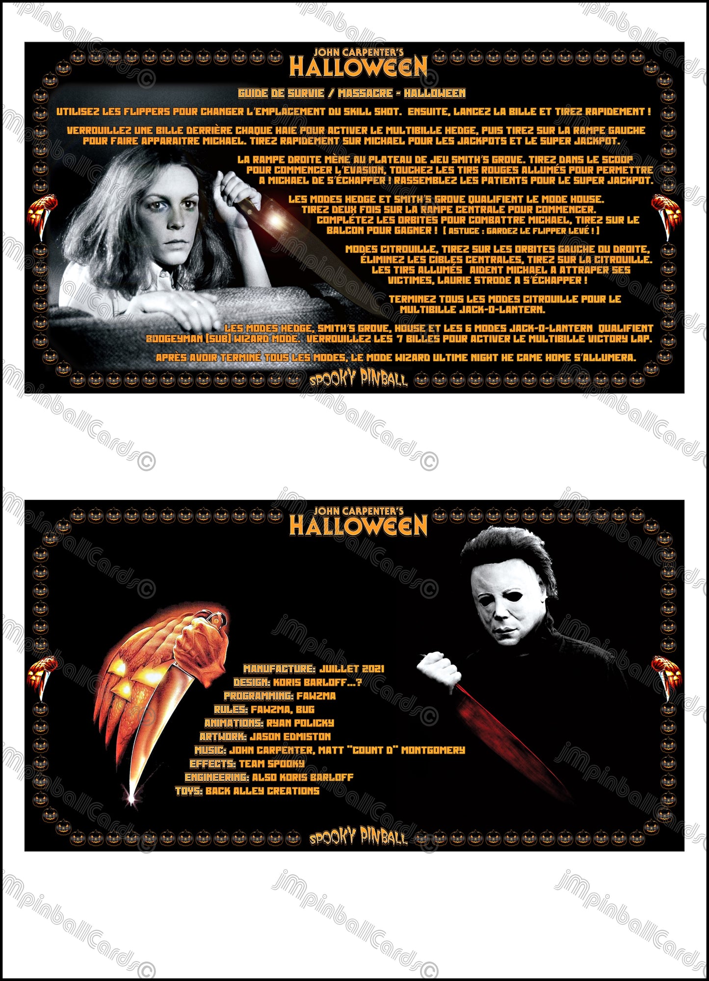 Instrucciones de las tarjetas del juego SPOOKY Halloween 2021, versión Pinball 1, tarjetas de delantal de Pinball impresas personalizadas
