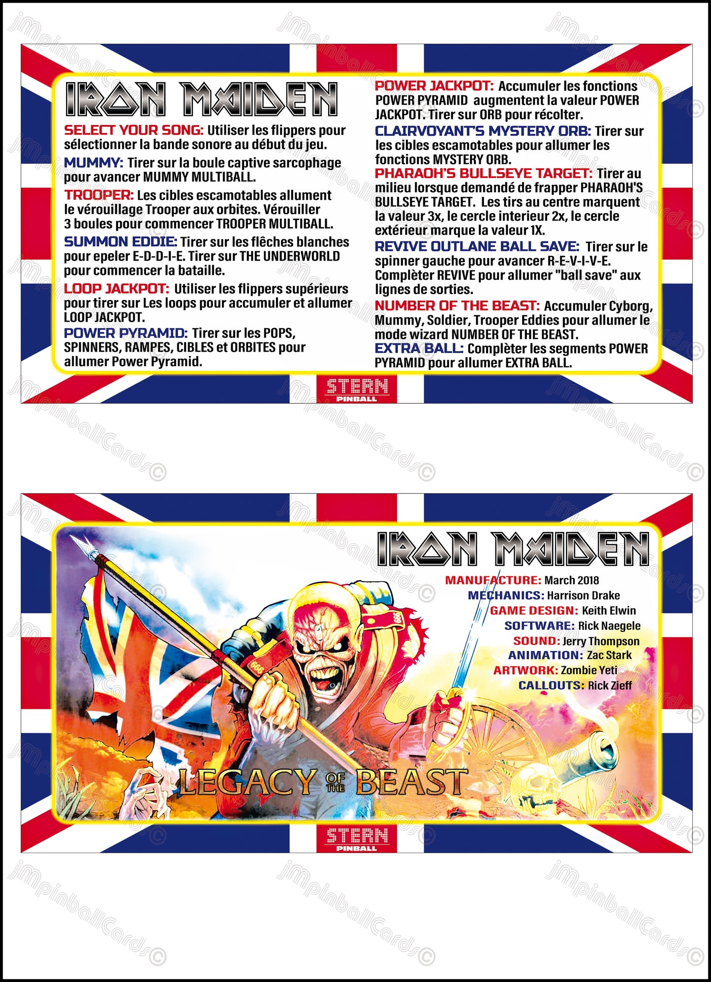 Instrucciones de las tarjetas de juego Stern Iron Maiden 2018, versión Pinball 1, tarjetas de delantal de pinball con impresión personalizada